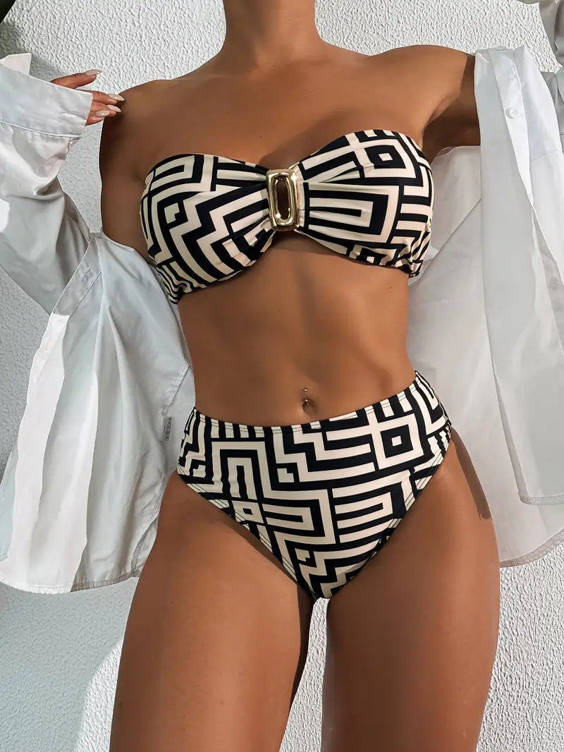 Red Beach Printed Bandeau Bikini Set